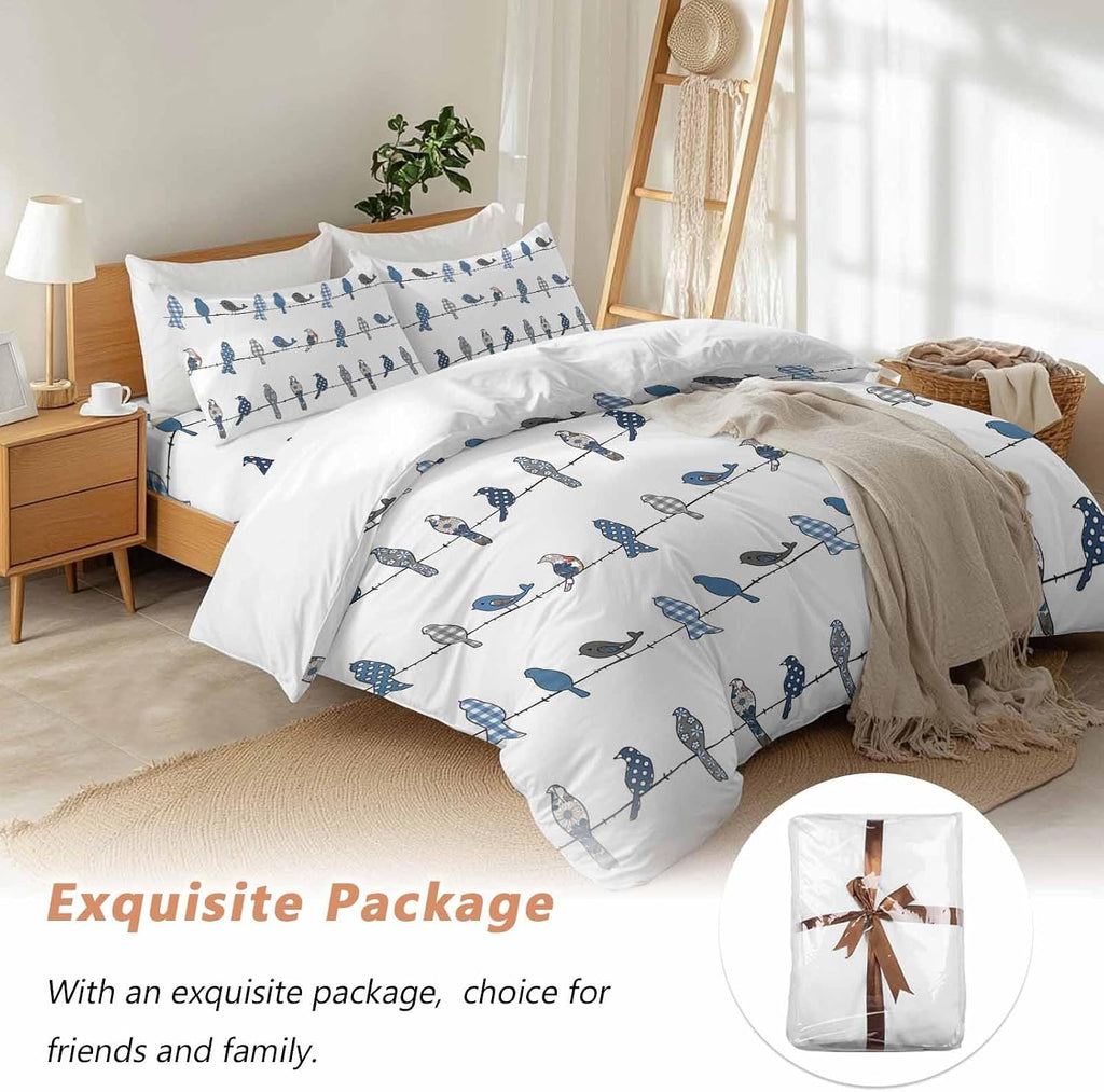 Prime Leader Birds on the Wire Blue Grey Duvet Cover Set Queen Size 4 Pieces Bedding Set with Zipper Closure, 1 Comforter Cover 92x106 Inches 1 Flat Sheet & 2 Pillow Cases