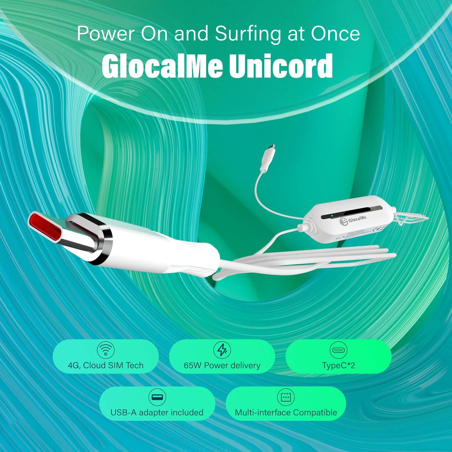 GlocalMe UniCord Charging Cable and Numen Air 5G Hotspot with 30GB US/CA/MX Data 60Days, Portable WiFi Hotspot for Travel
