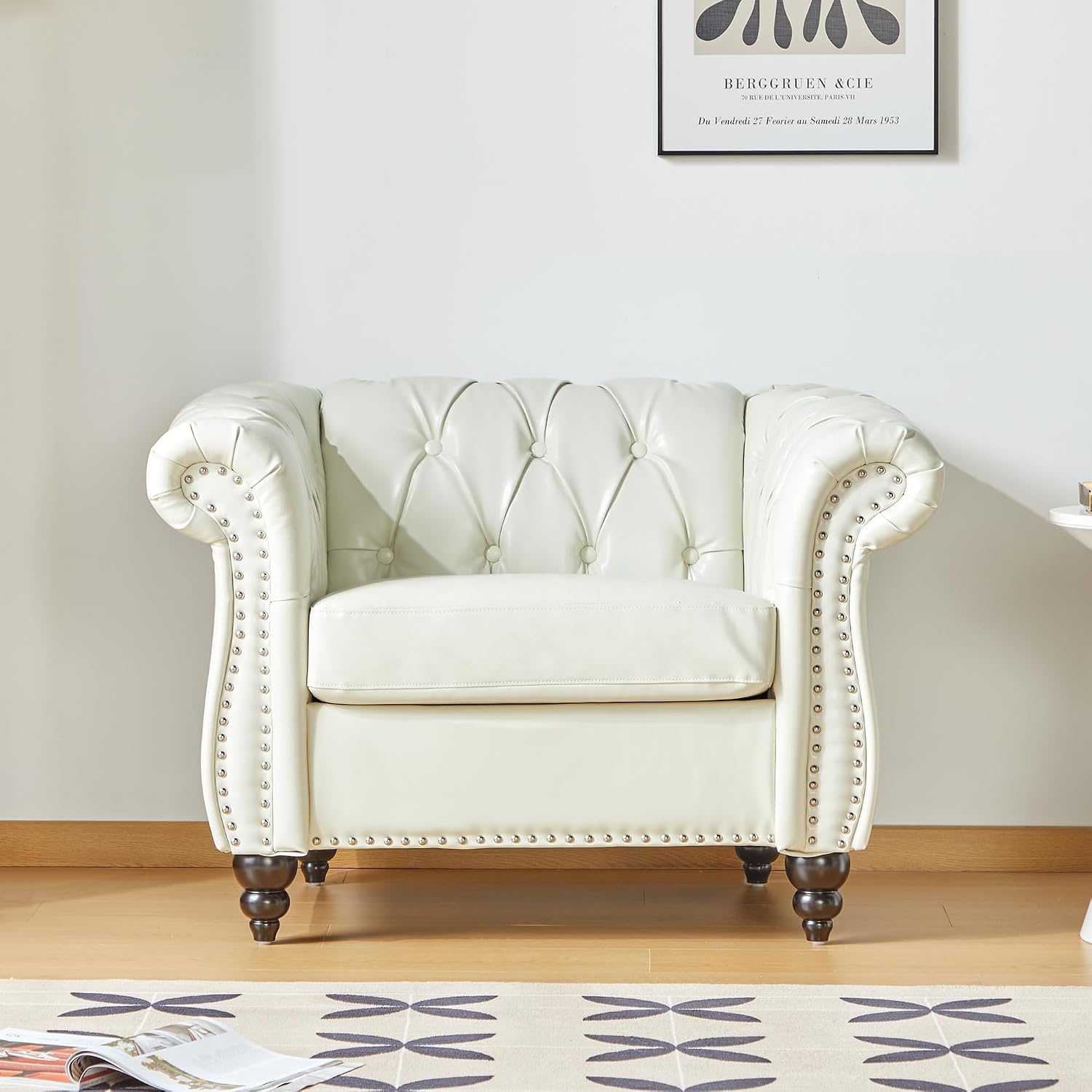 QHITTY 2 Piece Living Room Set, Sectional Chesterfield Sofa Chair Contemporary Upholstered Leather Loveseat Couch Sets for Living Room, Bedroom, Office (White)