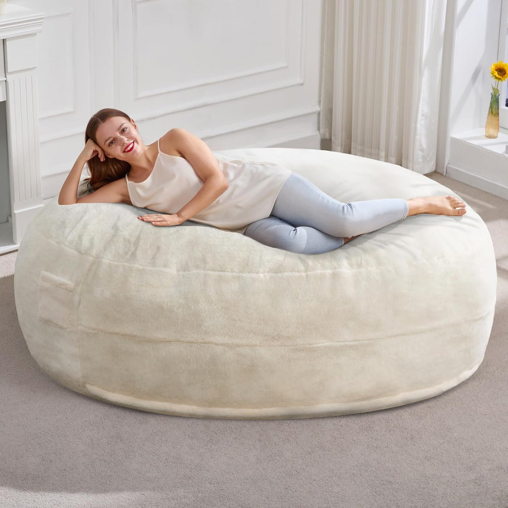 Hobestluk 6ft Bean Bag Chairs for Adults Large Beanbag Chair with Plush Faux Fur Cover Big Bean Bag Chair for Living Room Bedroom Dorm Office - White (70' x 70' x 15')