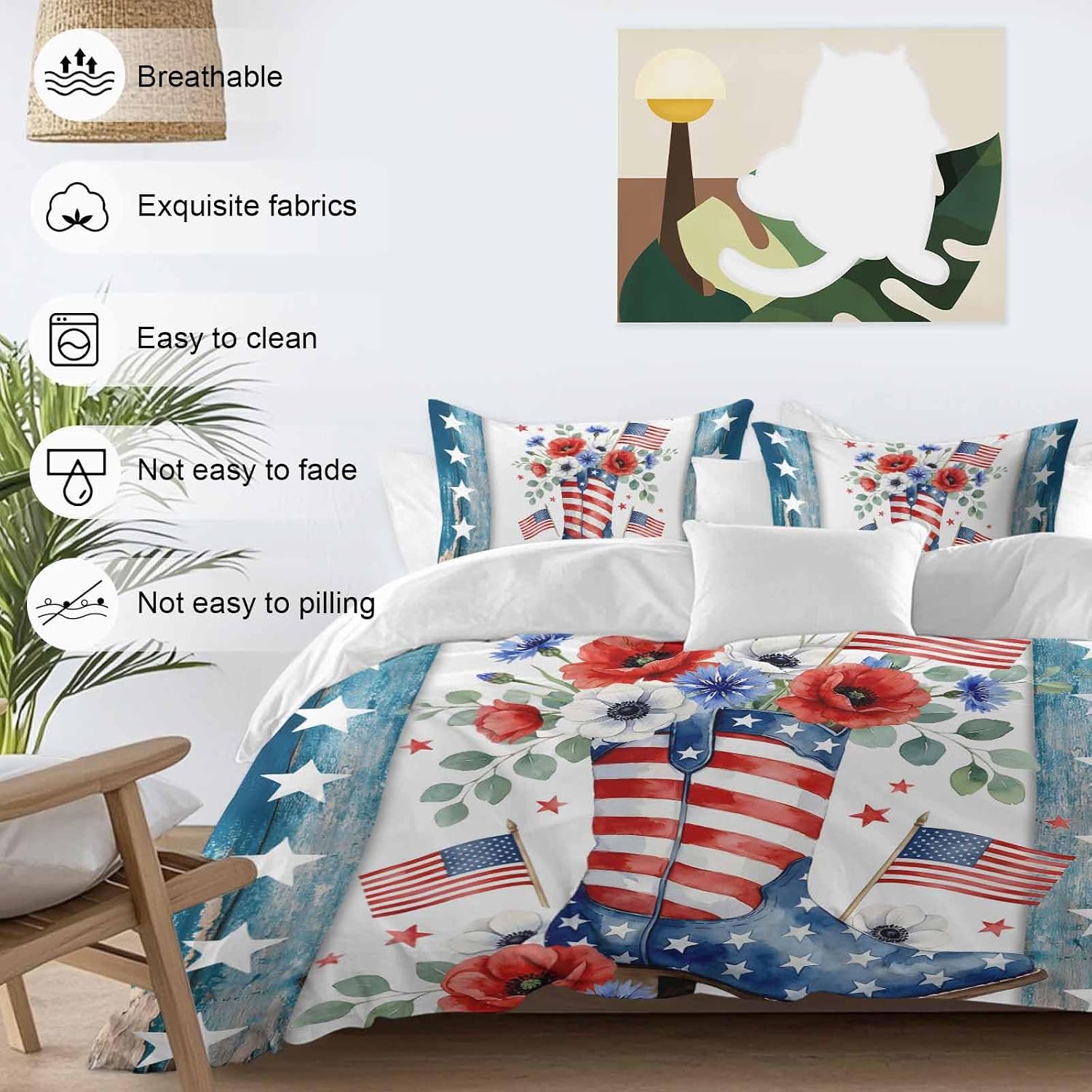 Independence Day Duvet Cover Set Queen Size 4 Pieces American Flag Boots Flowers Blue Wood Grain Bedding Set with Zipper Closure, 1 Comforter Cover 86x86 Inches 1 Flat Sheet & 2 Pillow Cases