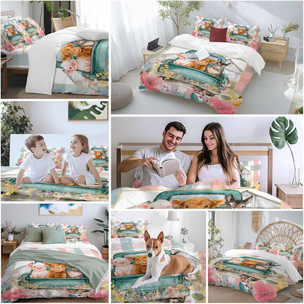 Farm Animals Duvet Cover Set Queen Size 4 Pieces Funny Pig Cow Donkey Retro Truck Spring Floral Bedding Set with Zipper Closure, 1 Comforter Cover 90x92 Inches 1 Flat Sheet & 2 Pillow Cases