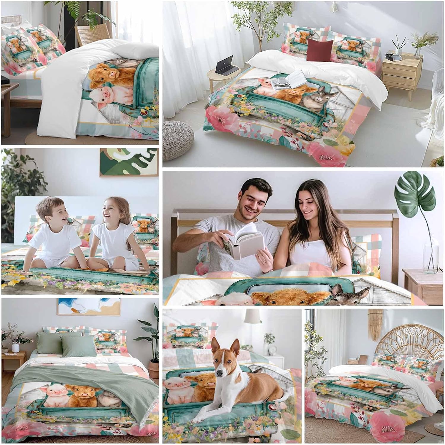 Farm Animals Duvet Cover Set Queen Size 4 Pieces Funny Pig Cow Donkey Retro Truck Spring Floral Bedding Set with Zipper Closure, 1 Comforter Cover 90x92 Inches 1 Flat Sheet & 2 Pillow Cases