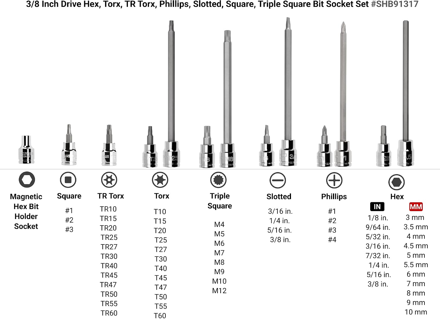 TEKTON 3/8 Inch Drive Hex, Torx, TR Torx, Phillips, Slotted, Square, Triple Square Bit Socket Set with Case (110-Piece) | SHB91317