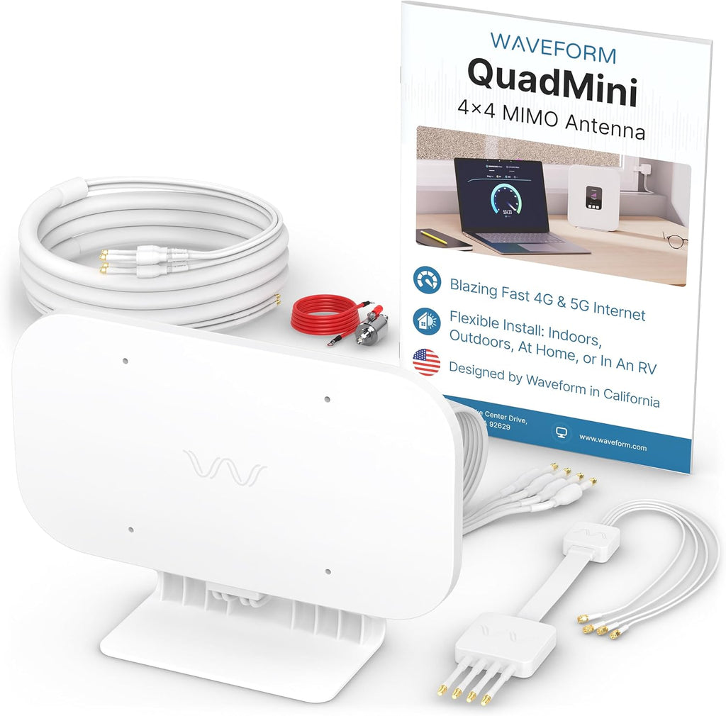 Waveform QuadMini Kit + Lightning Surge Protector Bundle - 4x4 MIMO Panel Antenna for 4G/5G Routers & Gateways for T-Mobile Home Internet, Verizon, AT&T Bundle w/ 10' and Window Entry Cables + LSP