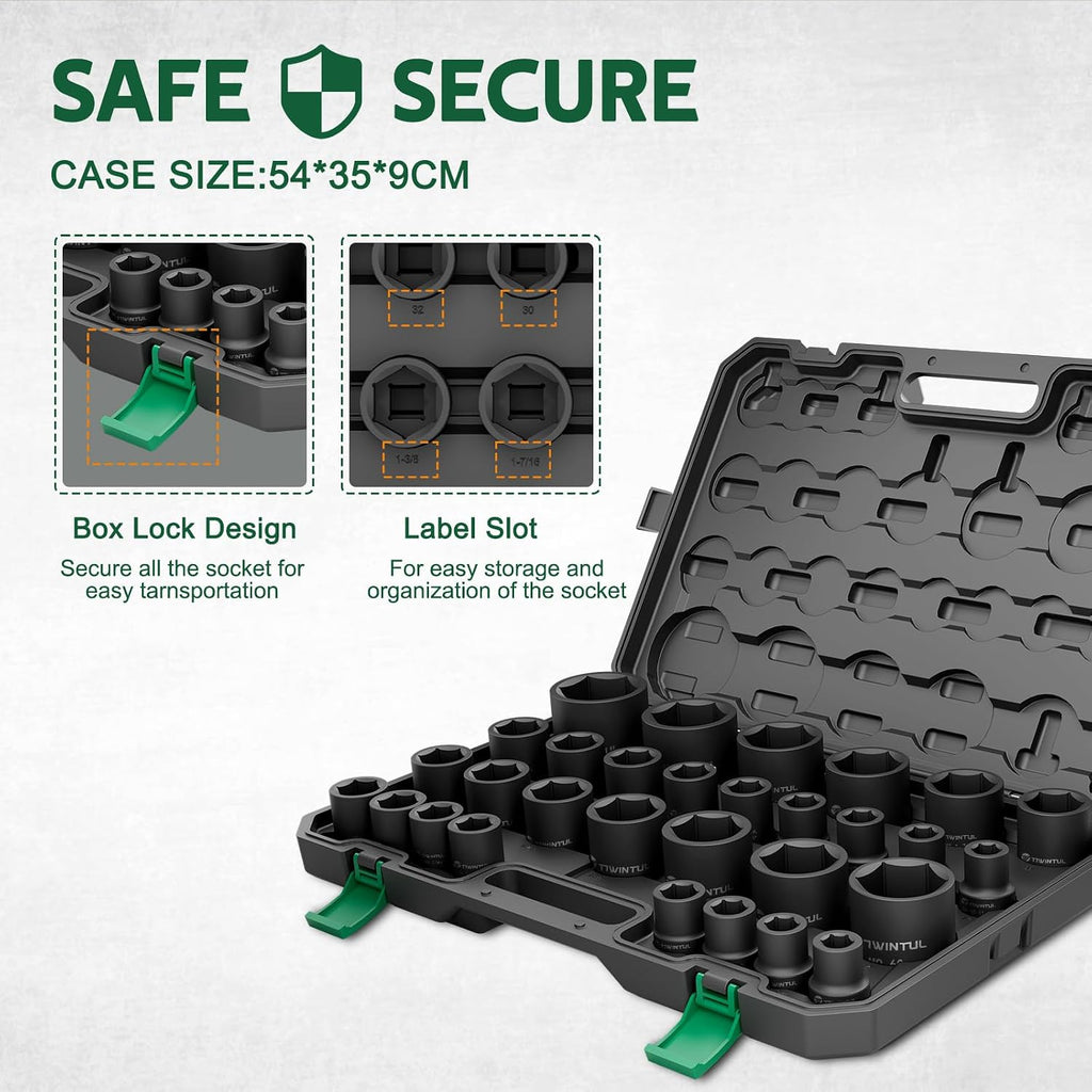 3/4 Inch Drive Impact Socket Set, 6-Point Design, CR-MO Steel, 30 PCS Large Impact Socket Set, SAE (11/16' to 2') and Metric (17mm to 60mm), Rugged Construction, Heavy Duty Impact Sockets