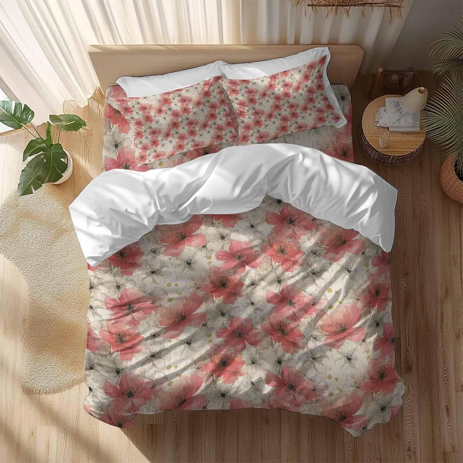 Spring Florals Duvet Cover Set Queen Size 4 Pieces Red White Floral Vintage Water Ink Painting Bedding Set with Zipper Closure, 1 Comforter Cover 92x106 Inches 1 Flat Sheet & 2 Pillow Cases