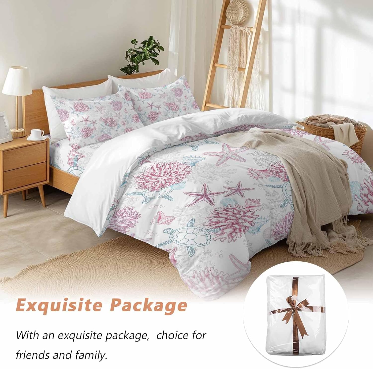 Summer Marine Life Duvet Cover Set Queen Size 4 Pieces Ocean Starfish Coral Coastal Sea Turtle Pink Bedding Set with Zipper Closure, 1 Comforter Cover 92x106 Inches 1 Flat Sheet & 2 Pillow Cases