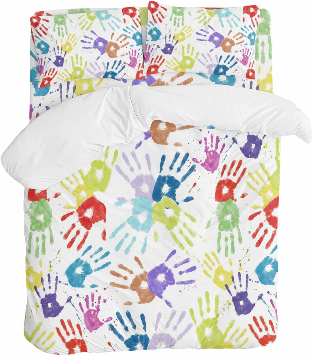 Colorful Cartoon Handprint Duvet Cover Set Queen Size 4 Pieces Cute Watercolor Red Green Blue Graffiti Bedding Set with Zipper Closure, 1 Comforter Cover 90x92 Inches 1 Flat Sheet & 2 Pillow Cases