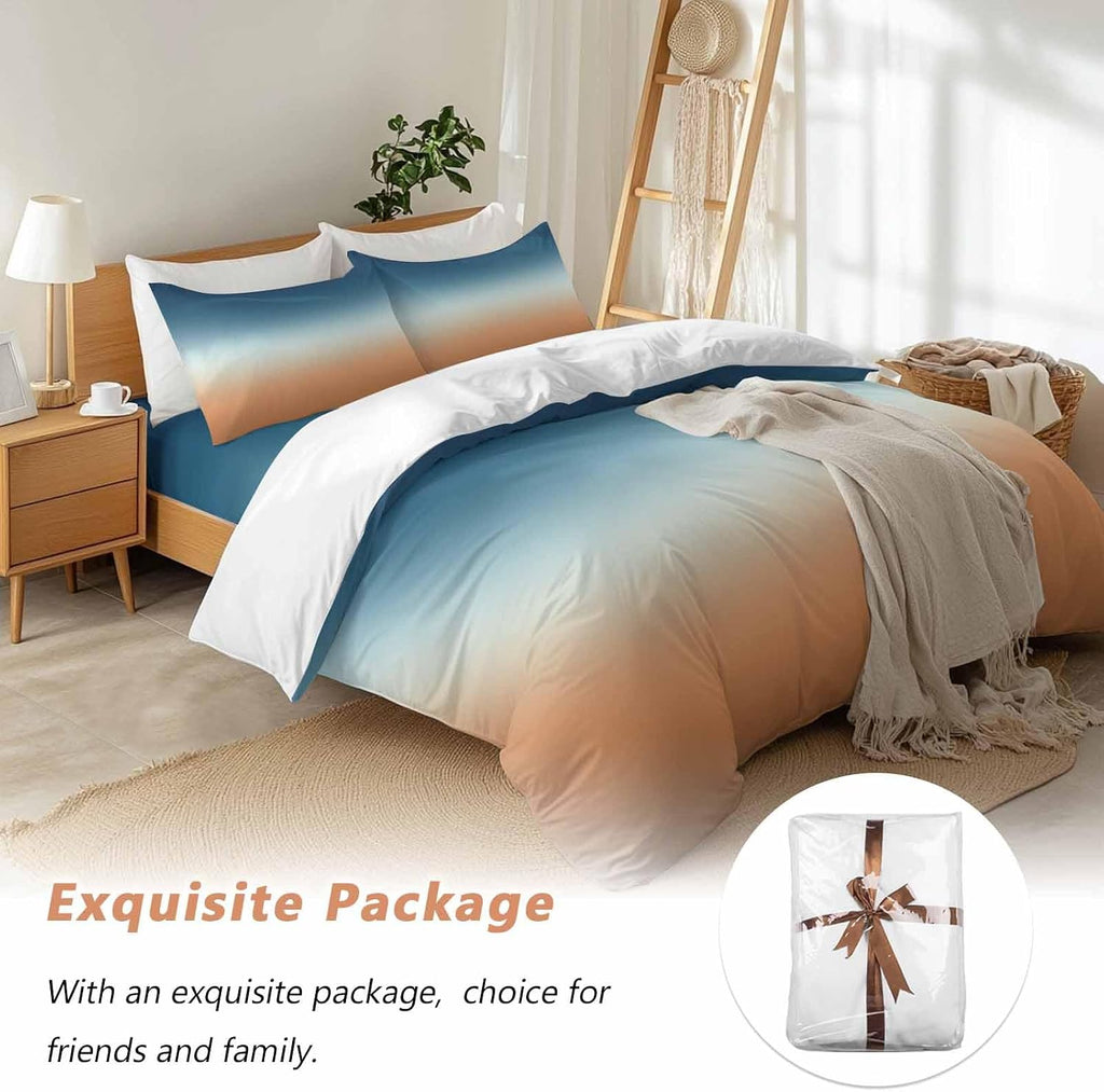 Prime Leader Gradient Blue Duvet Cover Set Queen Size 4 Pieces Modern Minimalist Orange Blue Ocean Beach Bedding Set with Zipper Closure, 1 Comforter Cover 86x86 Inches 1 Flat Sheet & 2 Pillow Cases