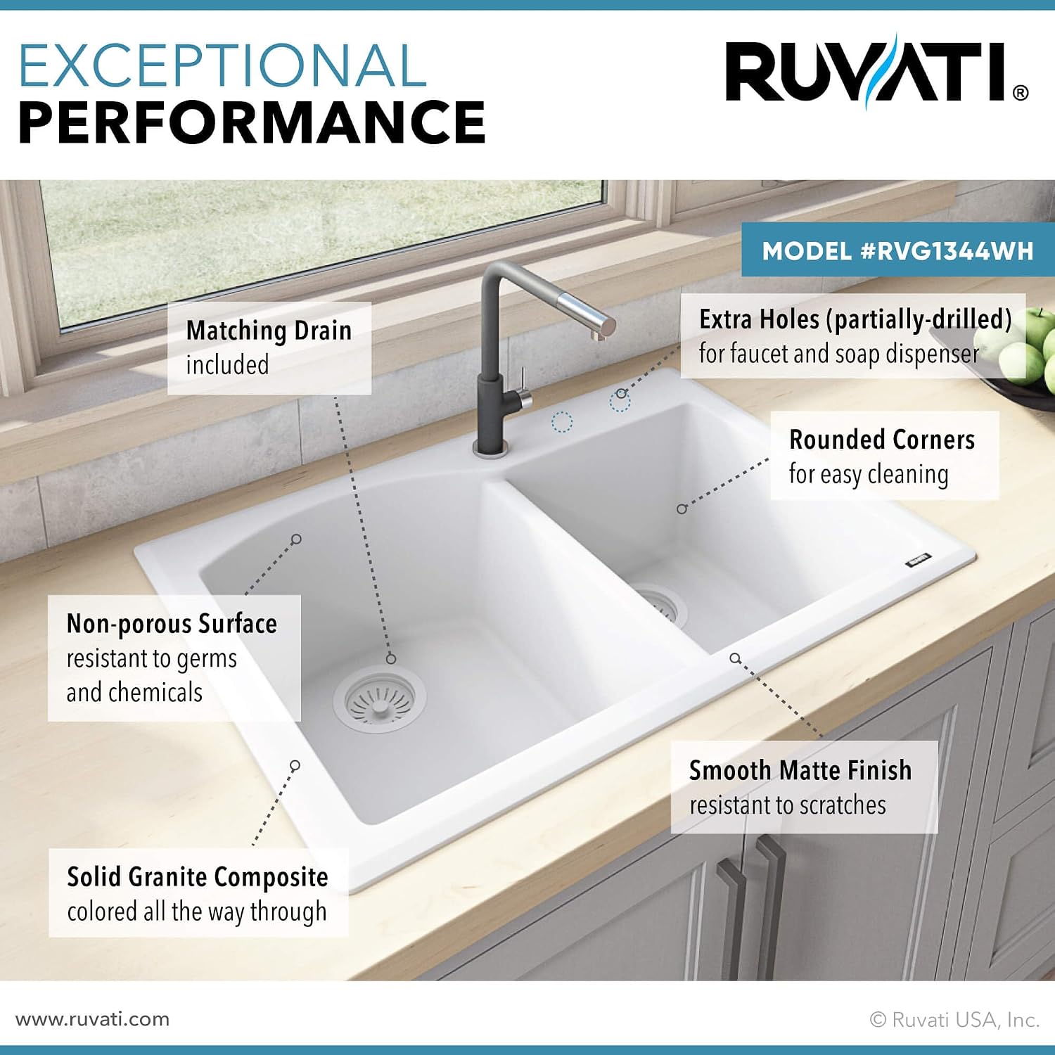 Ruvati 33 x 22 inch epiGranite Drop-in Topmount Granite Composite Quartz Double Bowl Kitchen Sink - Arctic White - RVG1344WH
