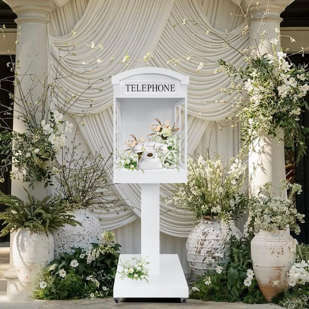 Audio Guest Book Phone Booth Stand with Wheels, Romantic Metal Audio Guestbook Telephone Booth for Wedding Birthdays Party Graduation Baby Shower Retirement Special Occasions Decoration