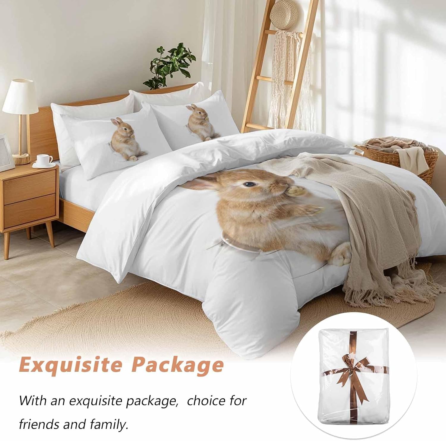 Rabbit Sitting on The Toilet Thinking Duvet Cover Set Queen Size 4 Pieces Abstract Funny Animal Bedding Set with Zipper Closure, 1 Comforter Cover 92x106 Inches 1 Flat Sheet & 2 Pillow Cases