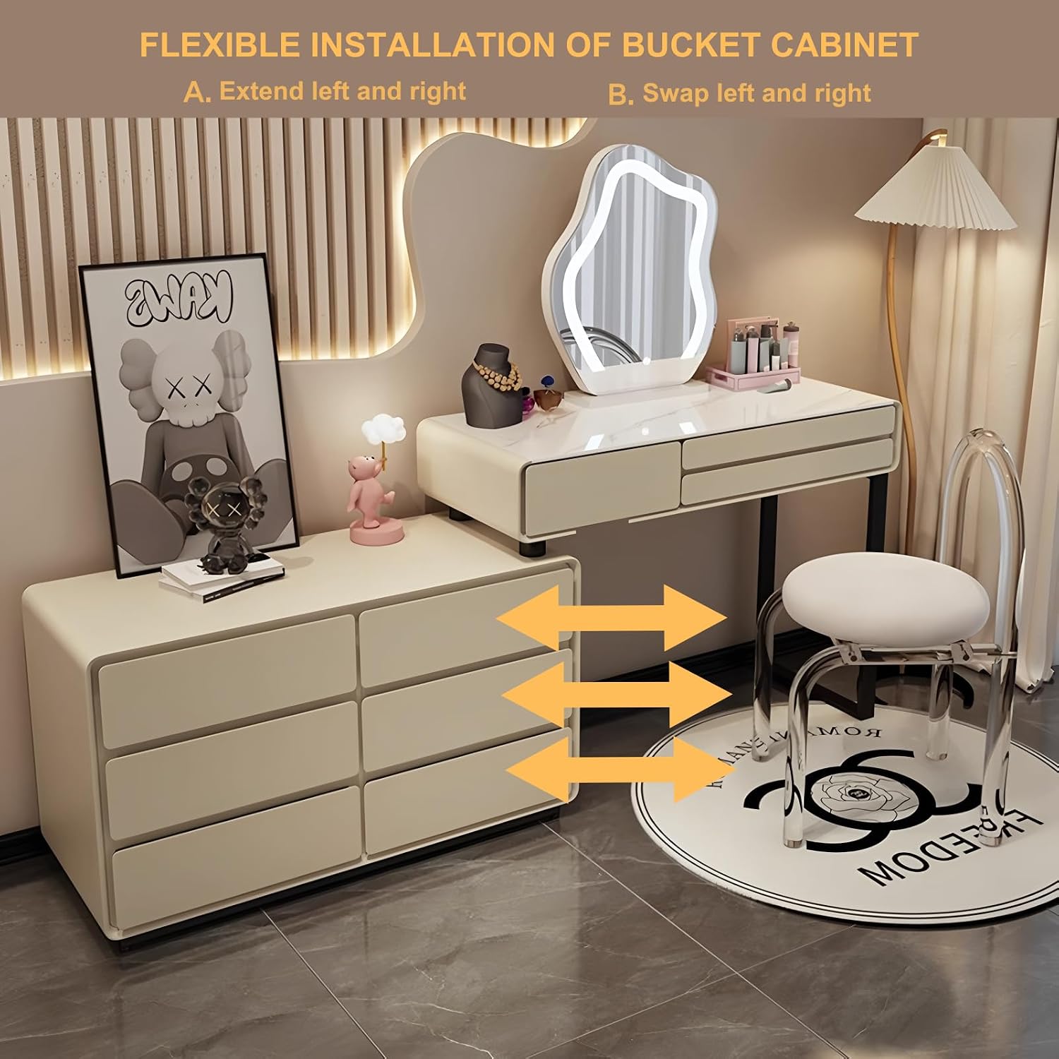 Modern Vanity Desk Set, Makeup Vanity Table with LED Smart Mirror, Rock Slate Desktop and Expandable Side Cabinet, Solid Wood Dressing Table for Bedroom, Full Set of Accessories (White -32in)