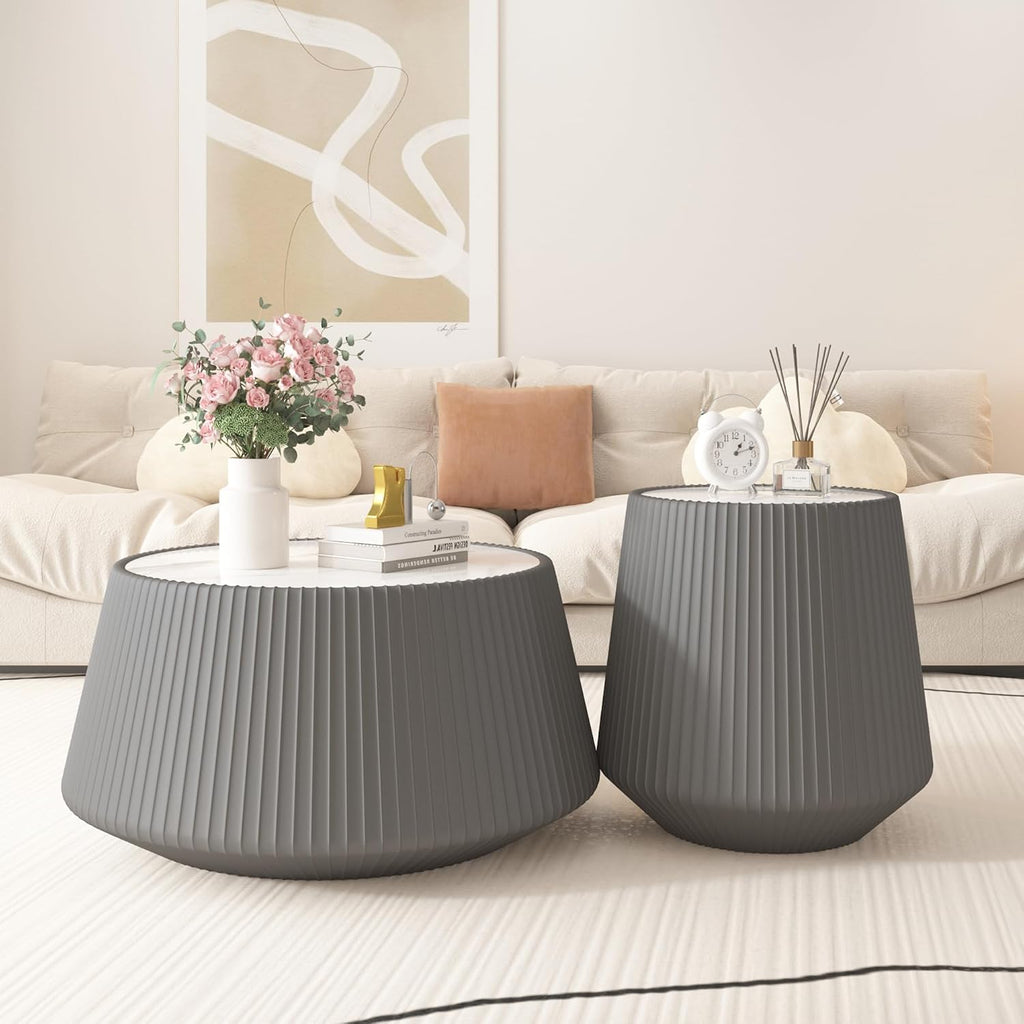 19.68' Grey Round Coffee Table, Drum Coffee Table with Sintered Stone Tabletop and Fluted PU Leather Covered and Stable Base, Circle Cocktail Tea Table for Living Room