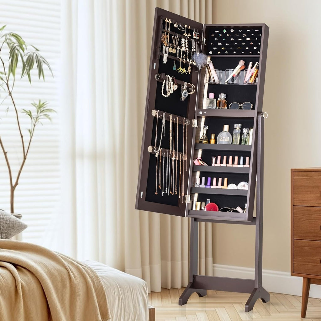 BTEXPERT Large Storage Jewelry Organizer with Frameless Mirror Free Standing Jewelry Armoire Cabinet (Brown)