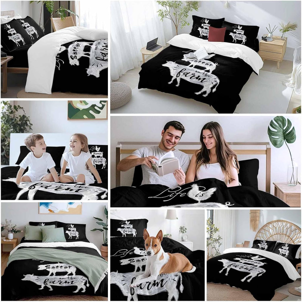 Prime Leader Retro Farm Duvet Cover Set Queen Size 4 Pieces Chicken Pig Cow Farmhouse Animal Black White Bedding Set with Zipper Closure, 1 Comforter Cover 92x106 Inches 1 Flat Sheet & 2 Pillow Cases