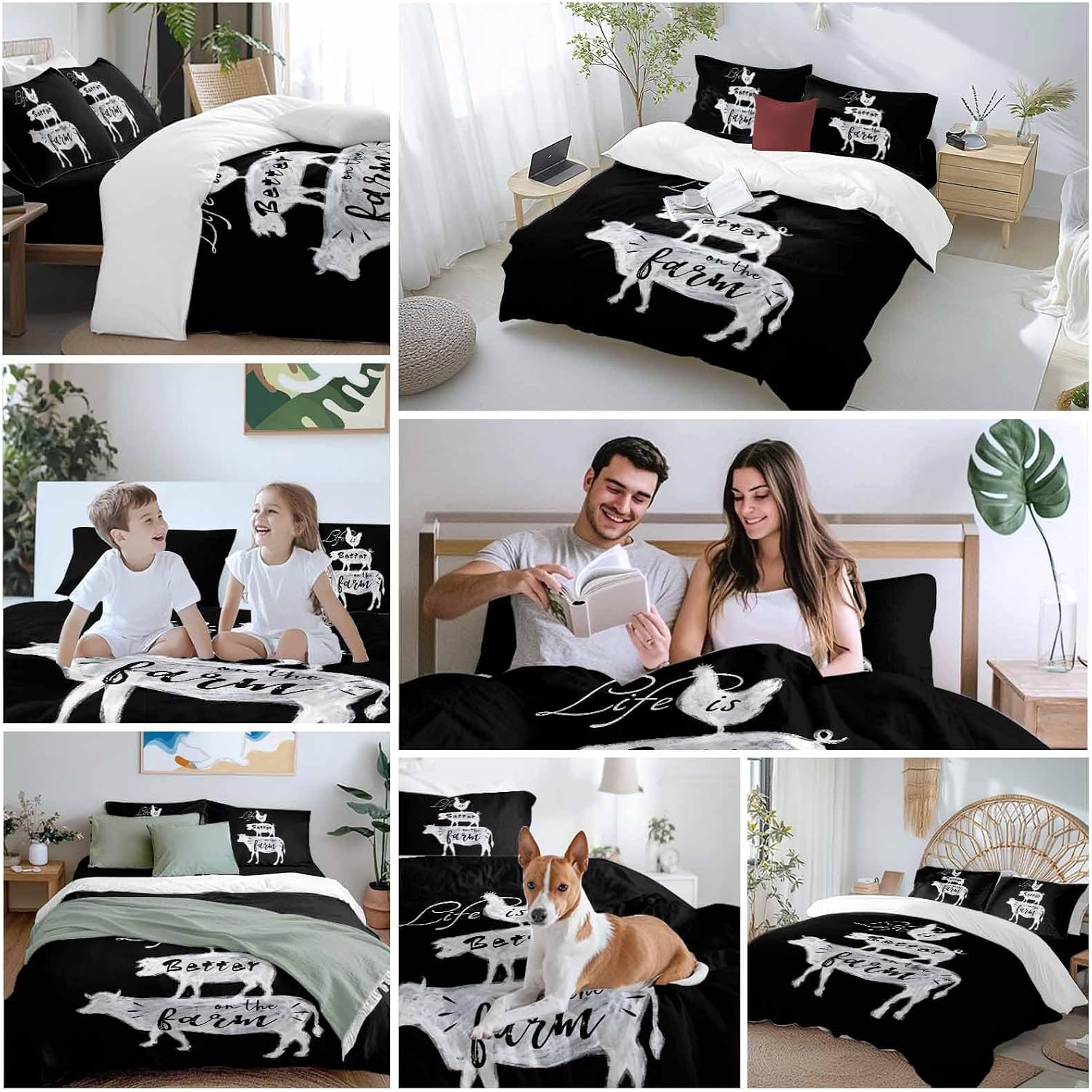 Prime Leader Retro Farm Duvet Cover Set Queen Size 4 Pieces Chicken Pig Cow Farmhouse Animal Black White Bedding Set with Zipper Closure, 1 Comforter Cover 92x106 Inches 1 Flat Sheet & 2 Pillow Cases