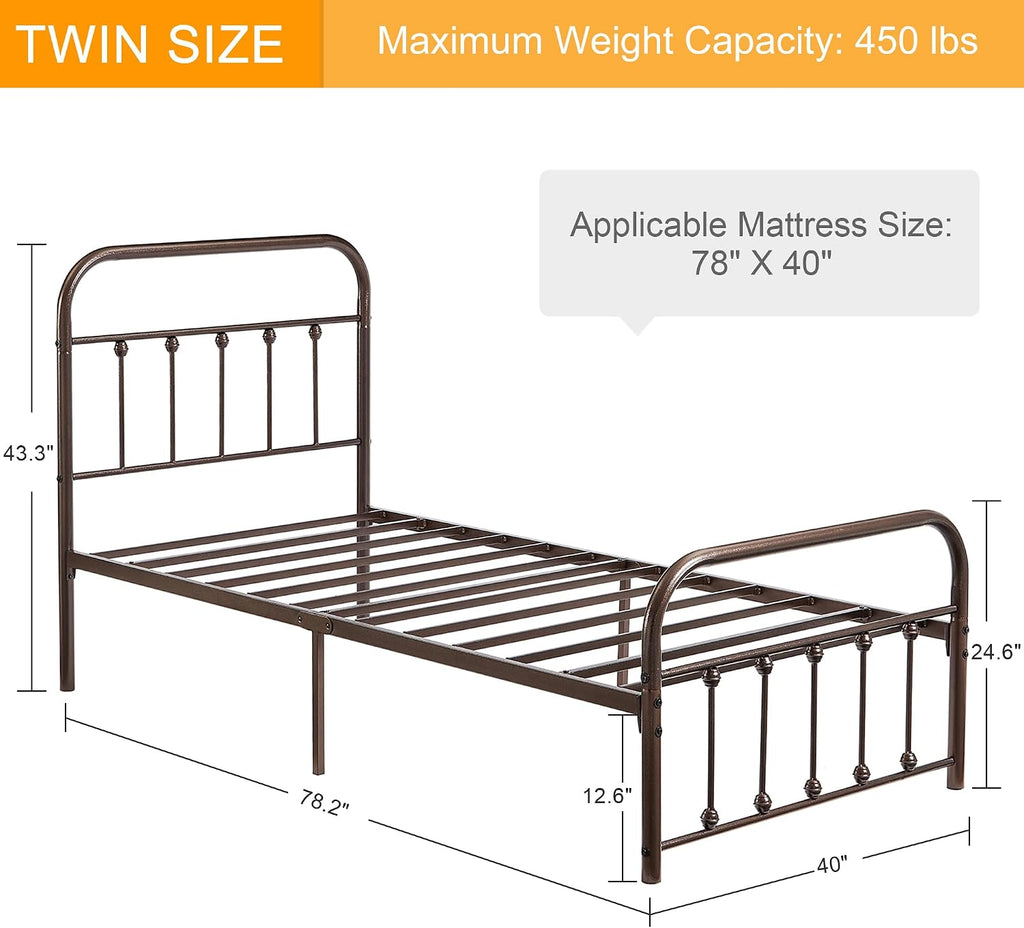 VECELO Twin Size Victorian Style Metal Bed Frame with Headboard Classic Metal Platform Bed Frame Mattress Foundation with Footboard/Under Bed Storage/No Box Spring Aple 2 Set