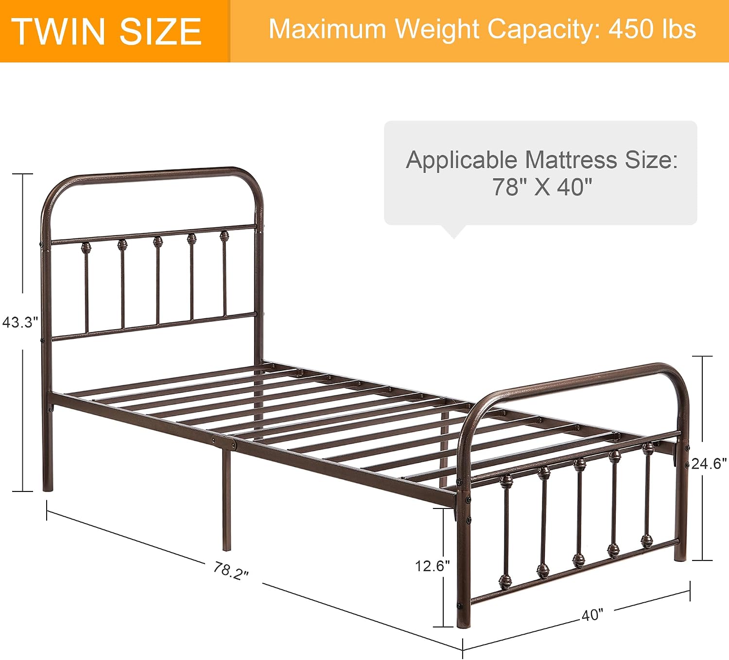 VECELO Twin Size Victorian Style Metal Bed Frame with Headboard Classic Metal Platform Bed Frame Mattress Foundation with Footboard/Under Bed Storage/No Box Spring Aple 2 Set