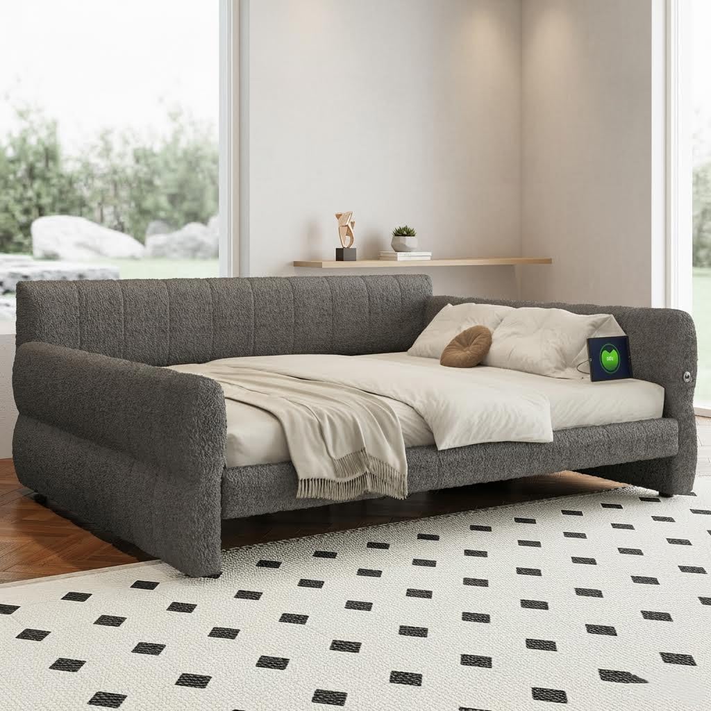 RuiSiSi King Size Daybed with USB, Upholstered Daybed Frame for Bedroom, Modern Daybed King with with USB, Gray