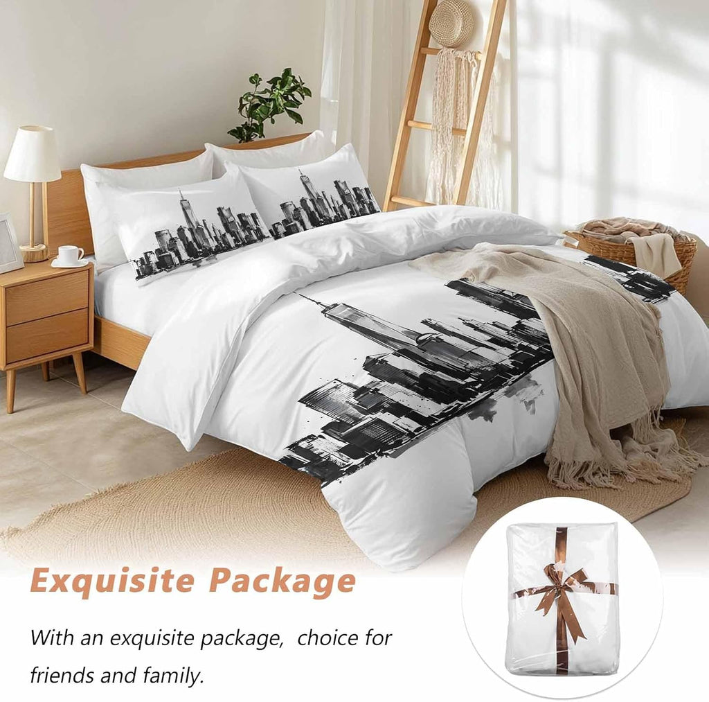 City Silhouette Duvet Cover Set Queen Size 4 Pieces Modern Minimalist Black and White Skyscraper Bedding Set with Zipper Closure, 1 Comforter Cover 90x92 Inches 1 Flat Sheet & 2 Pillow Cases