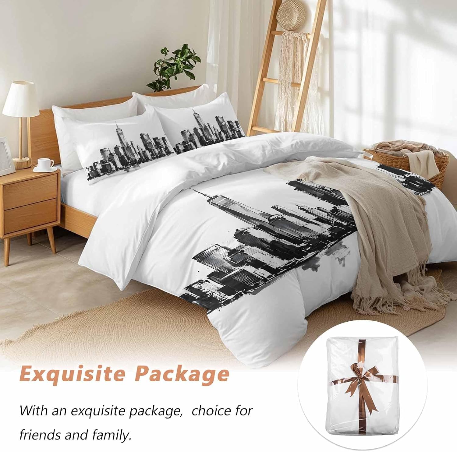 City Silhouette Duvet Cover Set Queen Size 4 Pieces Modern Minimalist Black and White Skyscraper Bedding Set with Zipper Closure, 1 Comforter Cover 90x92 Inches 1 Flat Sheet & 2 Pillow Cases