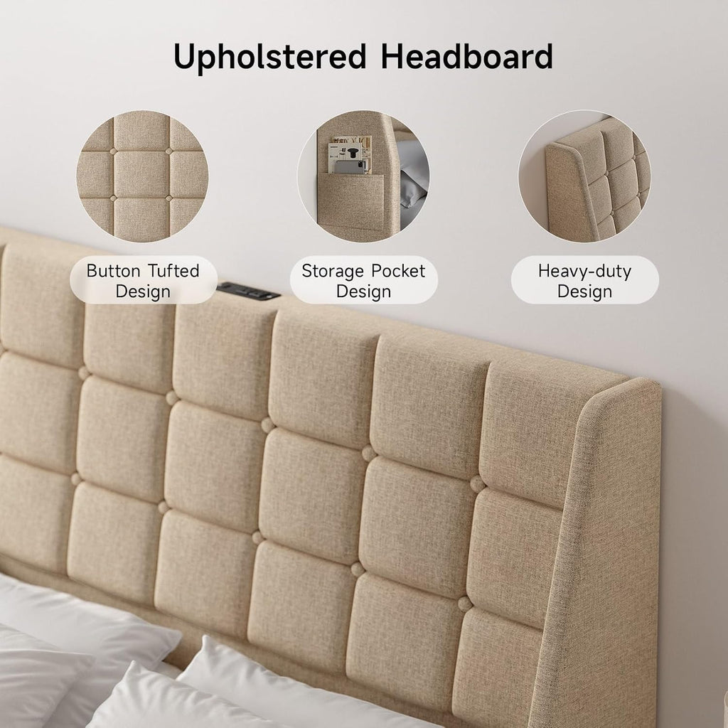 Ergonomic Upholstered Headboard Queen Size w/Charging Station, Linen Wingback Headboards w/Storage Pocket, Queen Headboard Only, Bed Frame Adapters, Sturdy Stable Solid Wood Bed Head Board, Beige