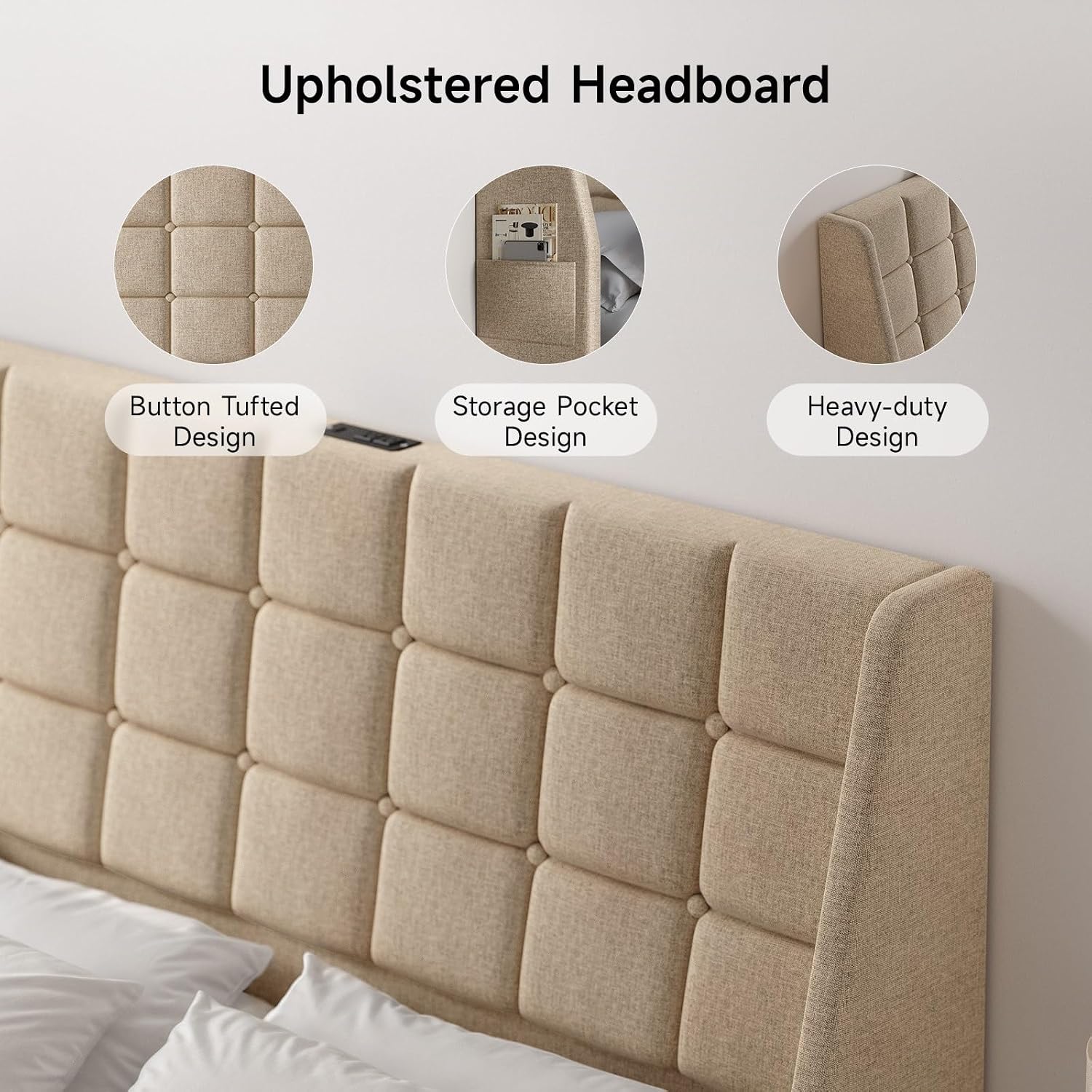 Ergonomic Upholstered Headboard Queen Size w/Charging Station, Linen Wingback Headboards w/Storage Pocket, Queen Headboard Only, Bed Frame Adapters, Sturdy Stable Solid Wood Bed Head Board, Beige