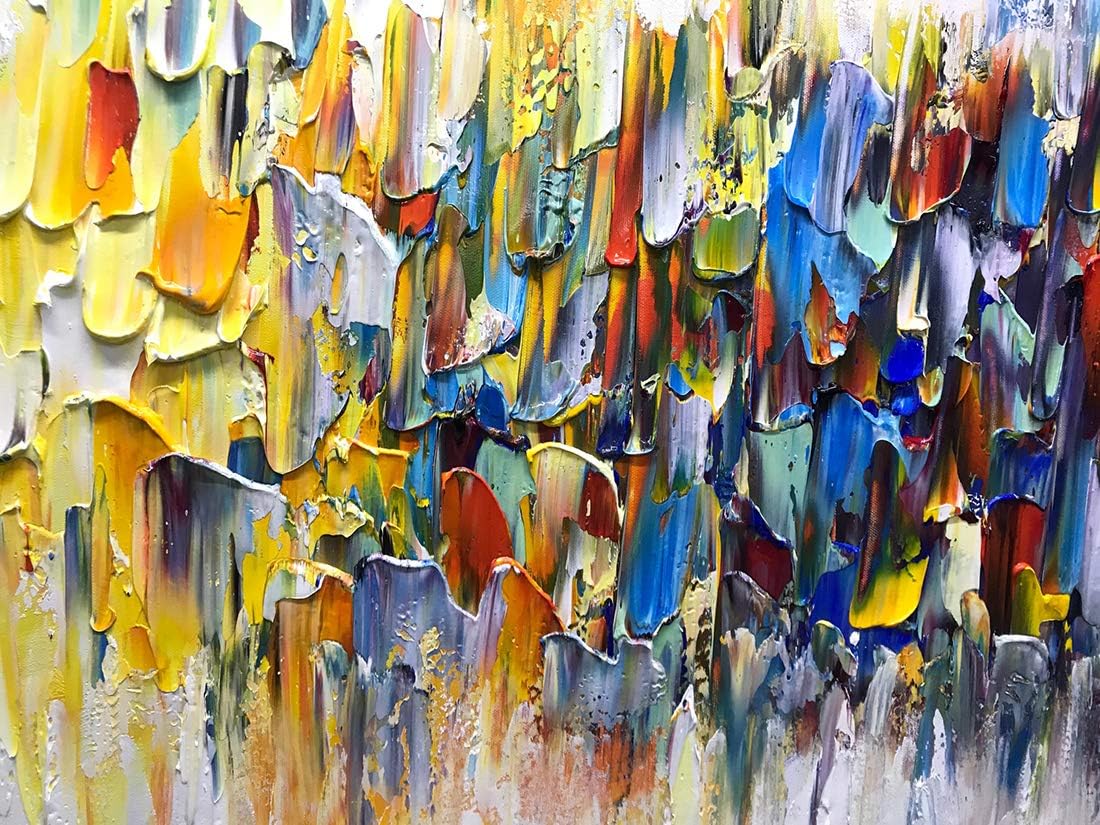 AMEI Art,24x48Inch Hand Painted Abstract Knife Oil Painting Yellow White Textured Wall Art Colorful Modern Artwork Handmade Acrylic Painting Stretched and Framed Ready to Hang