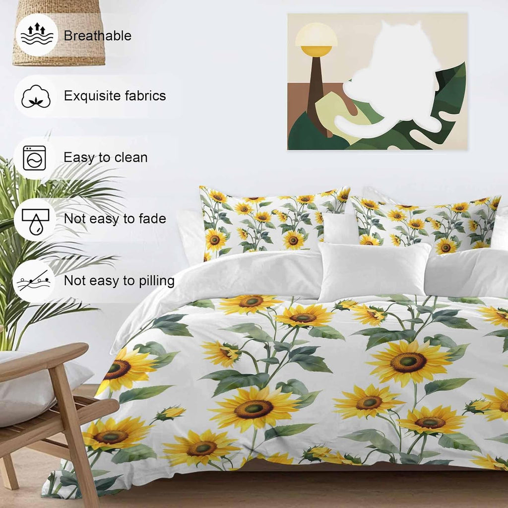 Prime Leader Summer Sunflowers Duvet Cover Set Queen Size 4 Pieces Watercolor Floral White Bedding Set with Zipper Closure, 1 Comforter Cover 92x106 Inches 1 Flat Sheet & 2 Pillow Cases