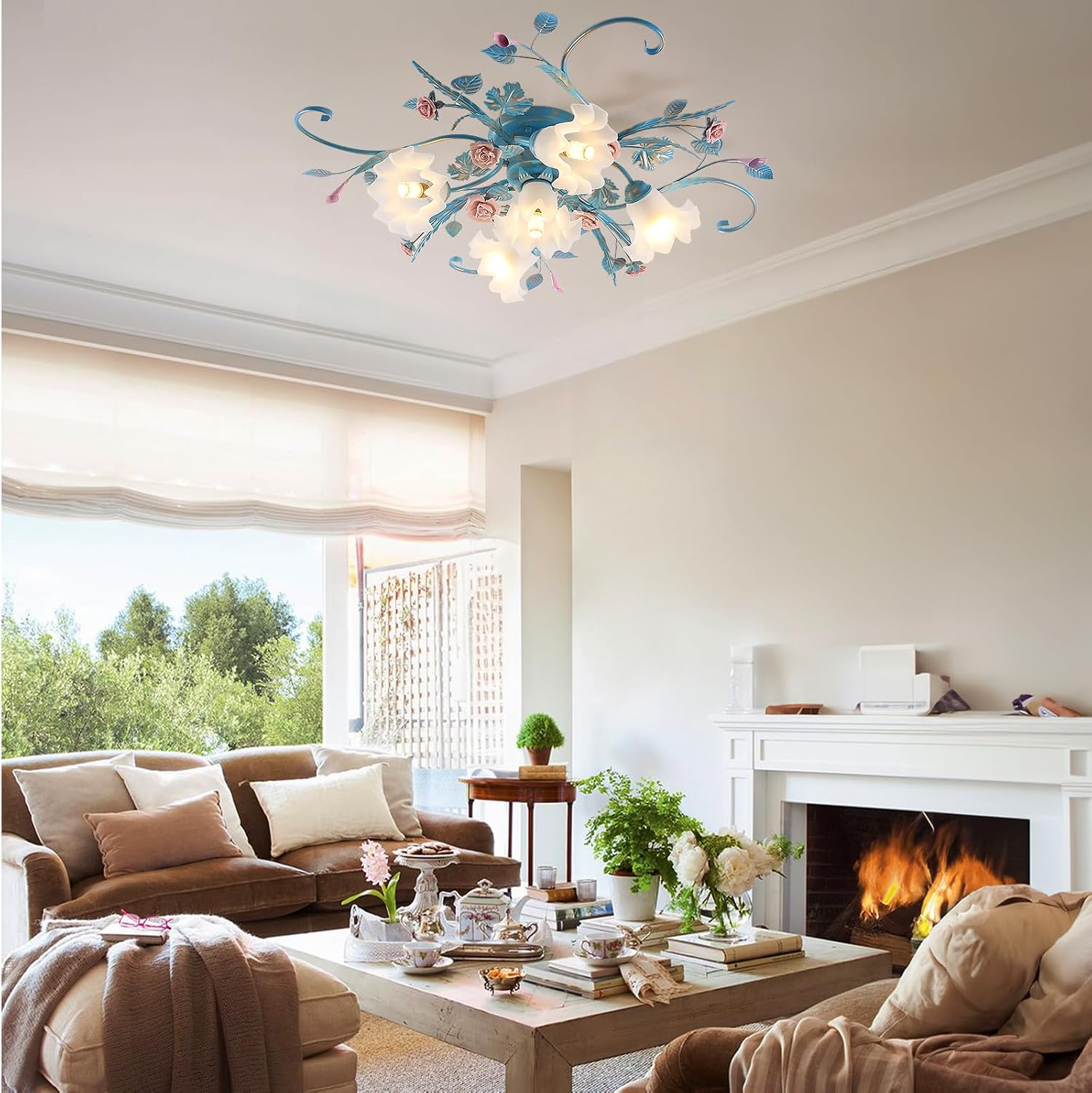 Flower Chandelier Ceiling Light,5-Light Pink Ceramic Rose Ceiling Lamp with Glass Lampshade,Flush Mount Ceiling Light Fixture for Living Room,Bedroom,Dinning Room,Hallway,Kitchen,Turquoise.