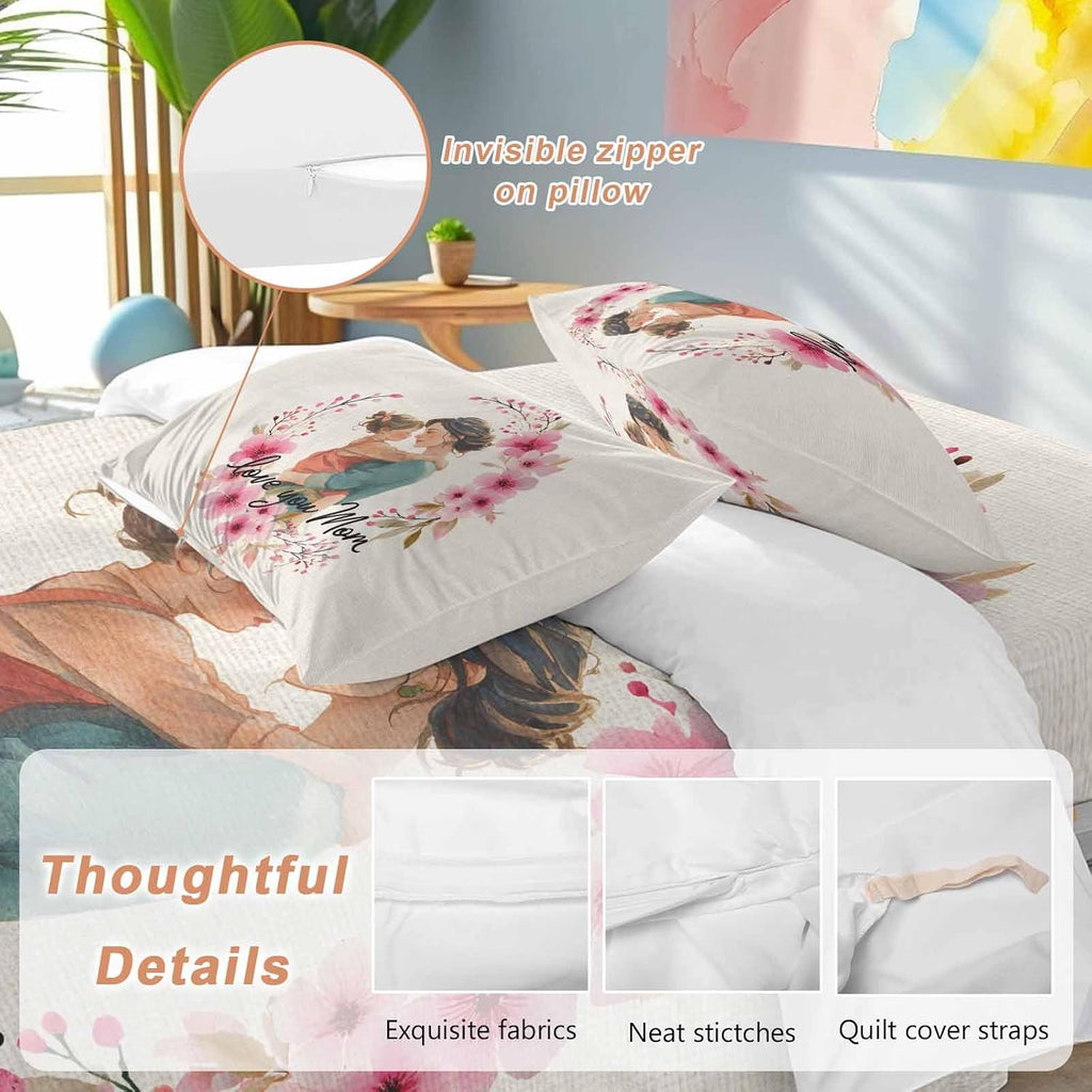 Mother's Day Duvet Cover Set Queen Size 4 Pieces Cartoon Characters Pink Flower Vintage Linen Texture Bedding Set with Zipper Closure, 1 Comforter Cover 92x106 Inches 1 Flat Sheet & 2 Pillow Cases