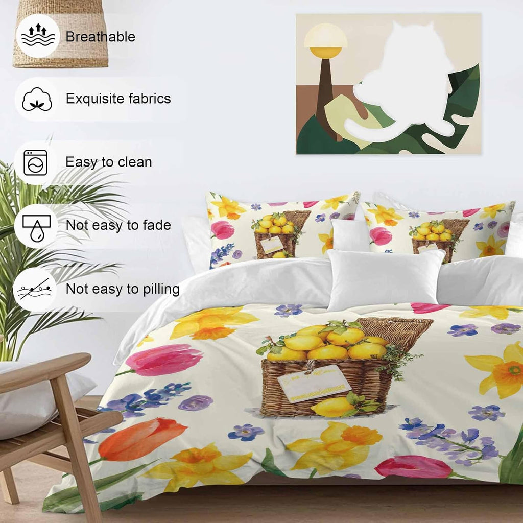 Spring Floral Duvet Cover Set Queen Size 4 Pieces Watercolor Lemon Oil Painting Flowers Farmhouse Bedding Set with Zipper Closure, 1 Comforter Cover 90x92 Inches 1 Flat Sheet & 2 Pillow Cases