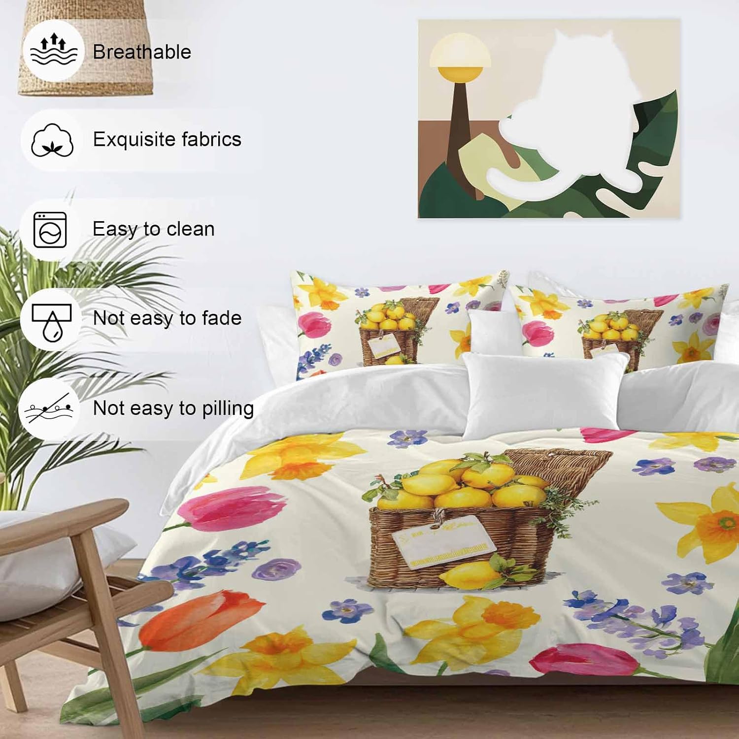 Spring Floral Duvet Cover Set Queen Size 4 Pieces Watercolor Lemon Oil Painting Flowers Farmhouse Bedding Set with Zipper Closure, 1 Comforter Cover 90x92 Inches 1 Flat Sheet & 2 Pillow Cases