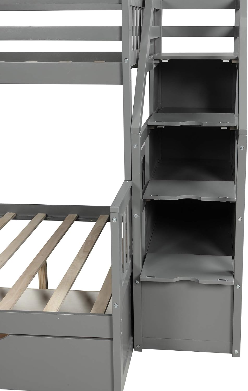 Twin Over Full Size Bunk Bed with Drawers and Slide, Bed Room Solid Wood Storage Bed Frame W/Ladder can be Interchanged Left and Right,for Kids Teens Boys Girls,Gray