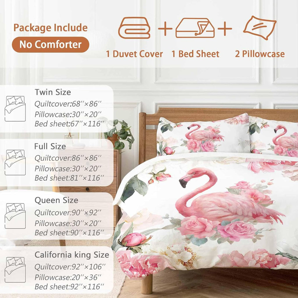 Prime Leader Flamingos Rose Duvet Cover Set Queen Size 4 Pieces Pink Watercolor Floral Spring Nature Bedding Set with Zipper Closure, 1 Comforter Cover 92x106 Inches 1 Flat Sheet & 2 Pillow Cases