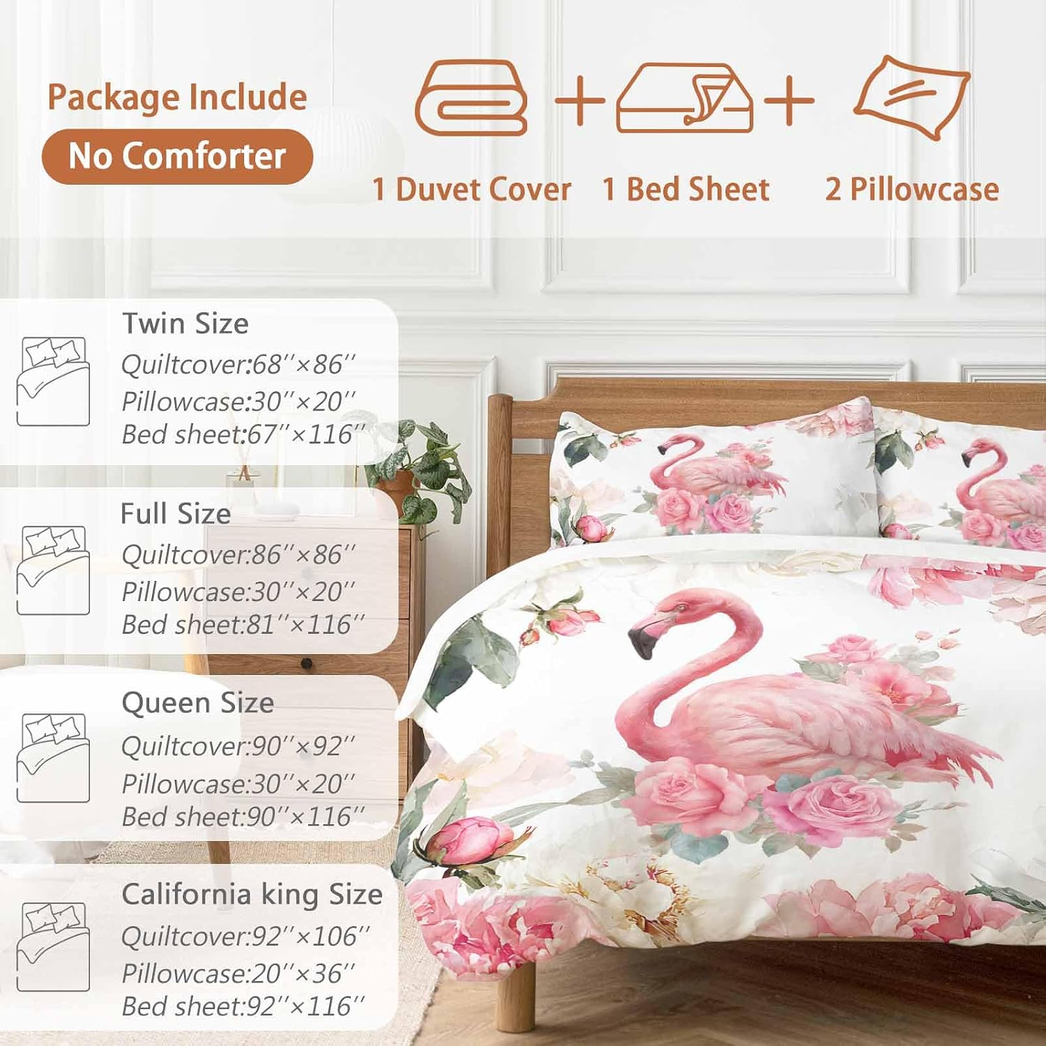 Prime Leader Flamingos Rose Duvet Cover Set Queen Size 4 Pieces Pink Watercolor Floral Spring Nature Bedding Set with Zipper Closure, 1 Comforter Cover 92x106 Inches 1 Flat Sheet & 2 Pillow Cases
