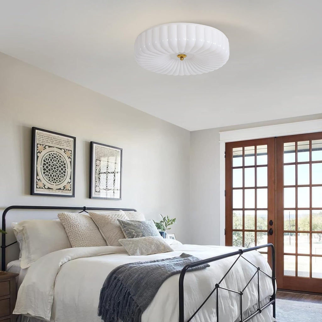KCO Lighting White Ribbed Glass Flush Mount Ceiling Light Large Milk Glass Ceiling Lights Round LED Semi Flush Mount Ceiling Light Fixture Contemporary Hallway Ceiling Lighting