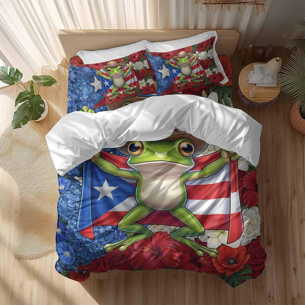 Puerto Rican Duvet Cover Set Queen Size 4 Pieces Flag Themed Watercolor Flowers Cartoon Funny Frog Bedding Set with Zipper Closure, 1 Comforter Cover 92x106 Inches 1 Flat Sheet & 2 Pillow Cases