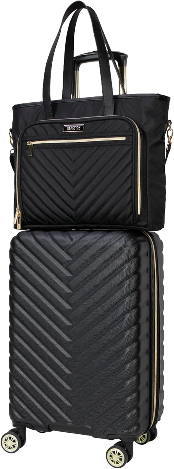 Kenneth Cole REACTION Madison Square Lightweight Hardside Chevron Expandable Spinner Luggage, Black, 2-Piece (20' Carry On + Tote)