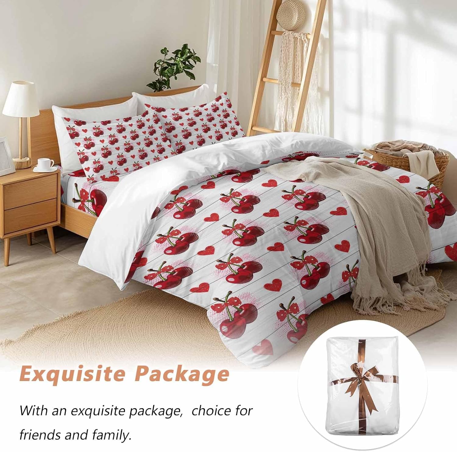Prime Leader Cherry Duvet Cover Set Queen Size 4 Pieces Watercolor Red Fruit Love Wave Point Wood Grain Bedding Set with Zipper Closure, 1 Comforter Cover 92x106 Inches 1 Flat Sheet & 2 Pillow Cases