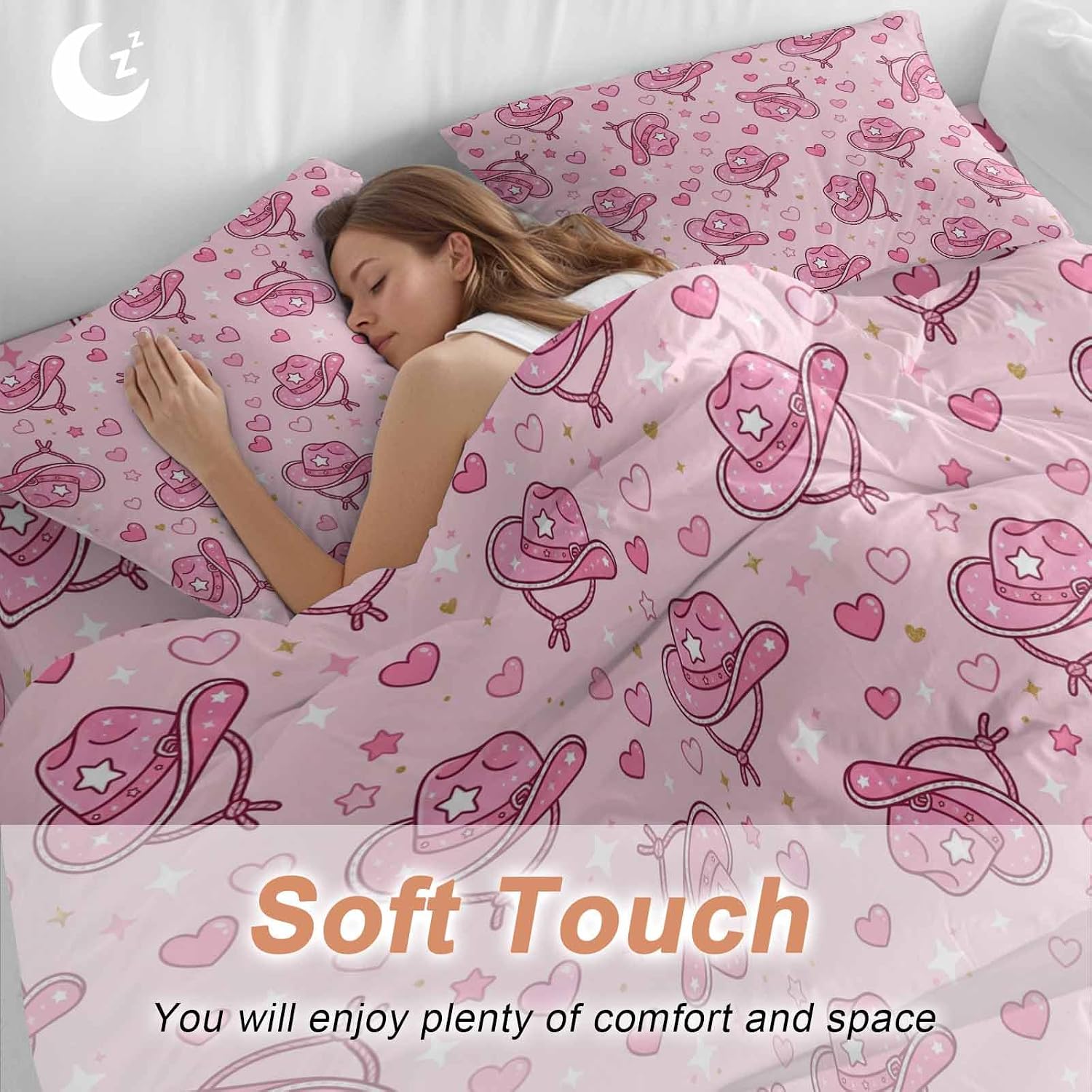 Pink Heart Cowboy Hat Duvet Cover Set Queen Size 4 Pieces Modern Minimalist Sparkling Love Star Bedding Set with Zipper Closure, 1 Comforter Cover 86x86 Inches 1 Flat Sheet & 2 Pillow Cases