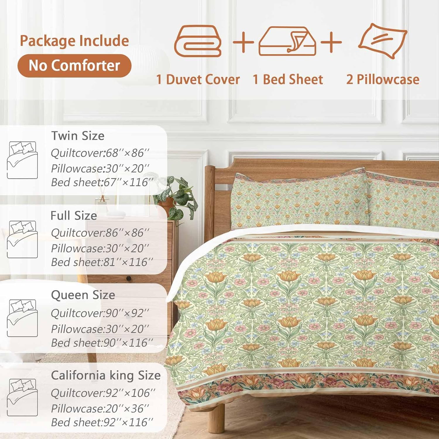 Prime Leader Flowers Duvet Cover Set Queen Size 4 Pieces Ethnic Abstract Yellow Pink Floral Green Leaf Bedding Set with Zipper Closure, 1 Comforter Cover 86x86 Inches 1 Flat Sheet & 2 Pillow Cases