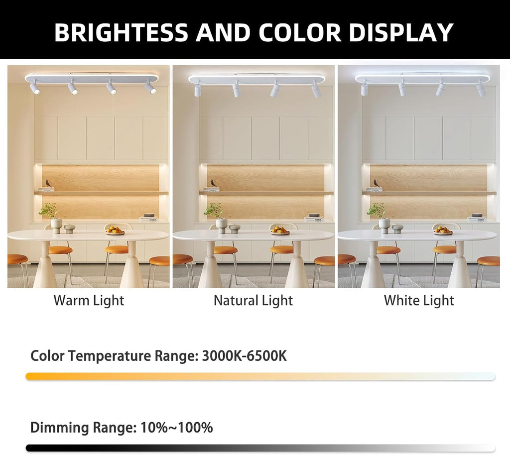 Jaycomey Modern LED Ceiling Light with 4 Spotlights, Dimmable 58W Linear Ceiling Lamp Fixture with Remote, 43.3in Upgraded Flush Mount Ceiling Chandelier Lighting for Bedroom Closet Hallway (White)