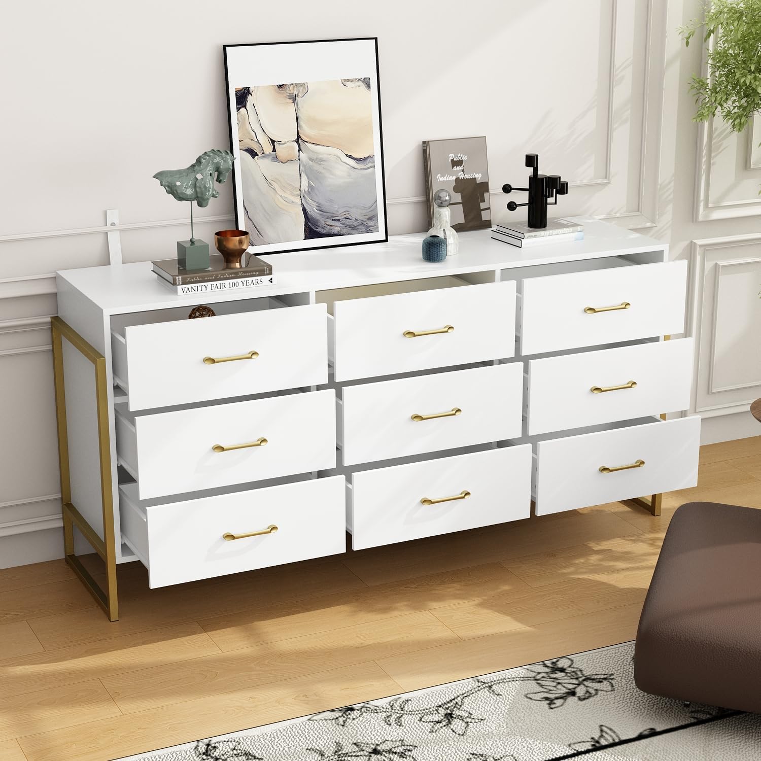 Homsee Extra Large 9 Drawer Double Dresser with Metal Legs, 61.4' L Modern Wood Dresser Chest of Drawers with Wide Storage Space for Bedroom, White