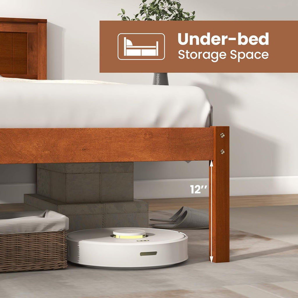 Giantex Twin Bed Frames with Headboard, Solid Wood Platform Bed with Wood Slat Support, Single Bed with 16' Under Bed Storage, Twin Bed Frames for Kids Adults Guests, Easy Assembly, Walnut