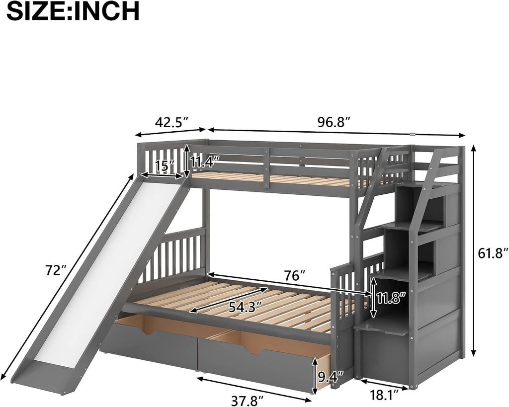Twin Over Full Size Bunk Bed with Drawers and Slide, Bed Room Solid Wood Storage Bed Frame W/Ladder can be Interchanged Left and Right,for Kids Teens Boys Girls,Gray