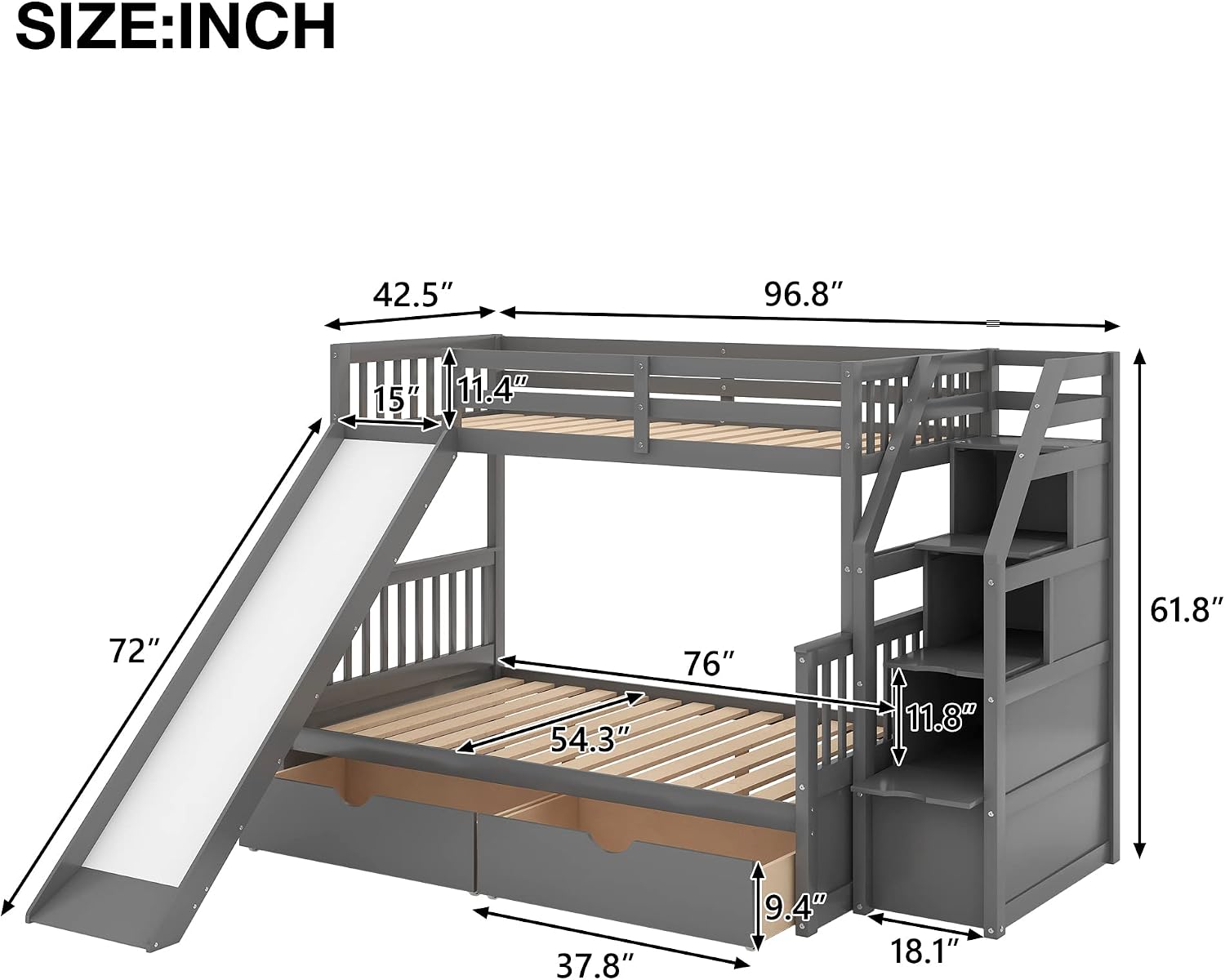 Twin Over Full Size Bunk Bed with Drawers and Slide, Bed Room Solid Wood Storage Bed Frame W/Ladder can be Interchanged Left and Right,for Kids Teens Boys Girls,Gray