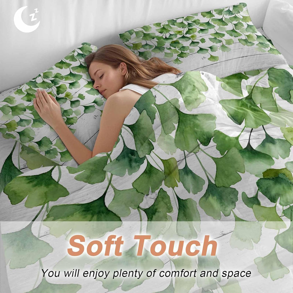 Summer Botanical Duvet Cover Set Queen Size 4 Pieces Watercolor Gradient Green Leaves White Wood Grain Bedding Set with Zipper Closure, 1 Comforter Cover 92x106 Inches 1 Flat Sheet & 2 Pillow Cases